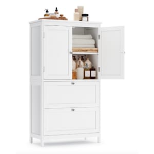 A white cabinet with an open door displays folded towels and various bottles of lotions or soaps. More toiletries are arranged on top.