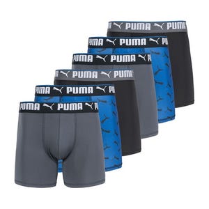 A set of six Puma boxer briefs in gray, blue, and black with Puma logo waistbands.