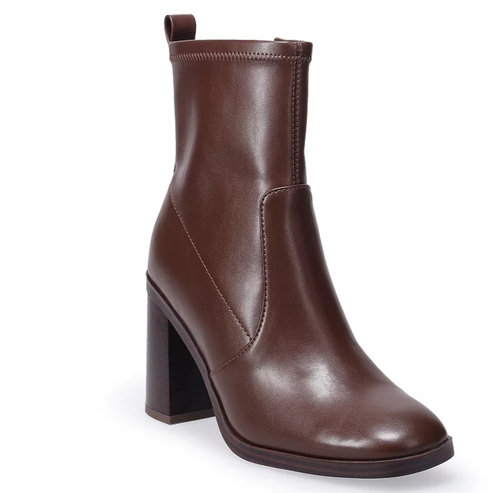 Brown ankle boot with a sleek design, block heel, and pull tab for easy wearing.