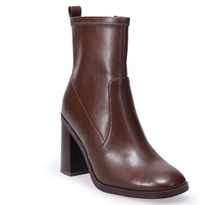 Brown ankle boot with a sleek design, block heel, and pull tab for easy wearing.