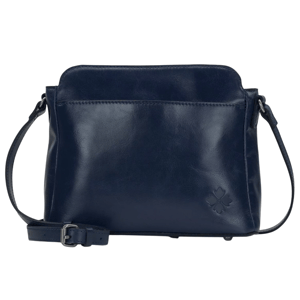 A navy blue leather crossbody bag with a smooth finish and an embossed floral logo in the bottom right corner, featuring an adjustable strap and minimalistic design.