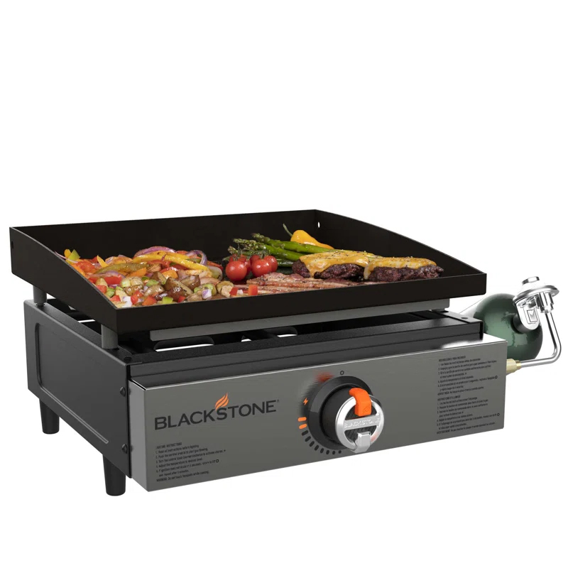 The Blackstone Propane Griddle is a portable cooking device with a flat top surface for grilling. It features a single burner, adjustable heat control, and is powered by a small propane tank.