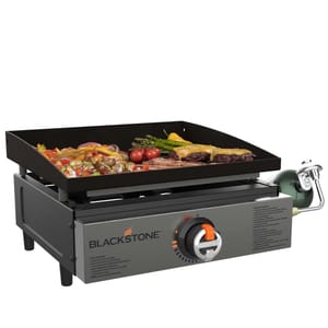 The Blackstone Propane Griddle is a portable cooking device with a flat top surface for grilling. It features a single burner, adjustable heat control, and is powered by a small propane tank.