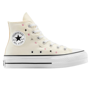 A beige Converse Chuck Taylor All Star high-top sneaker featuring a platform sole, star and moon designs, and the iconic All Star logo patch.