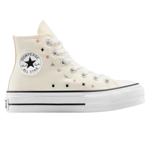 A beige Converse Chuck Taylor All Star high-top sneaker featuring a platform sole, star and moon designs, and the iconic All Star logo patch.