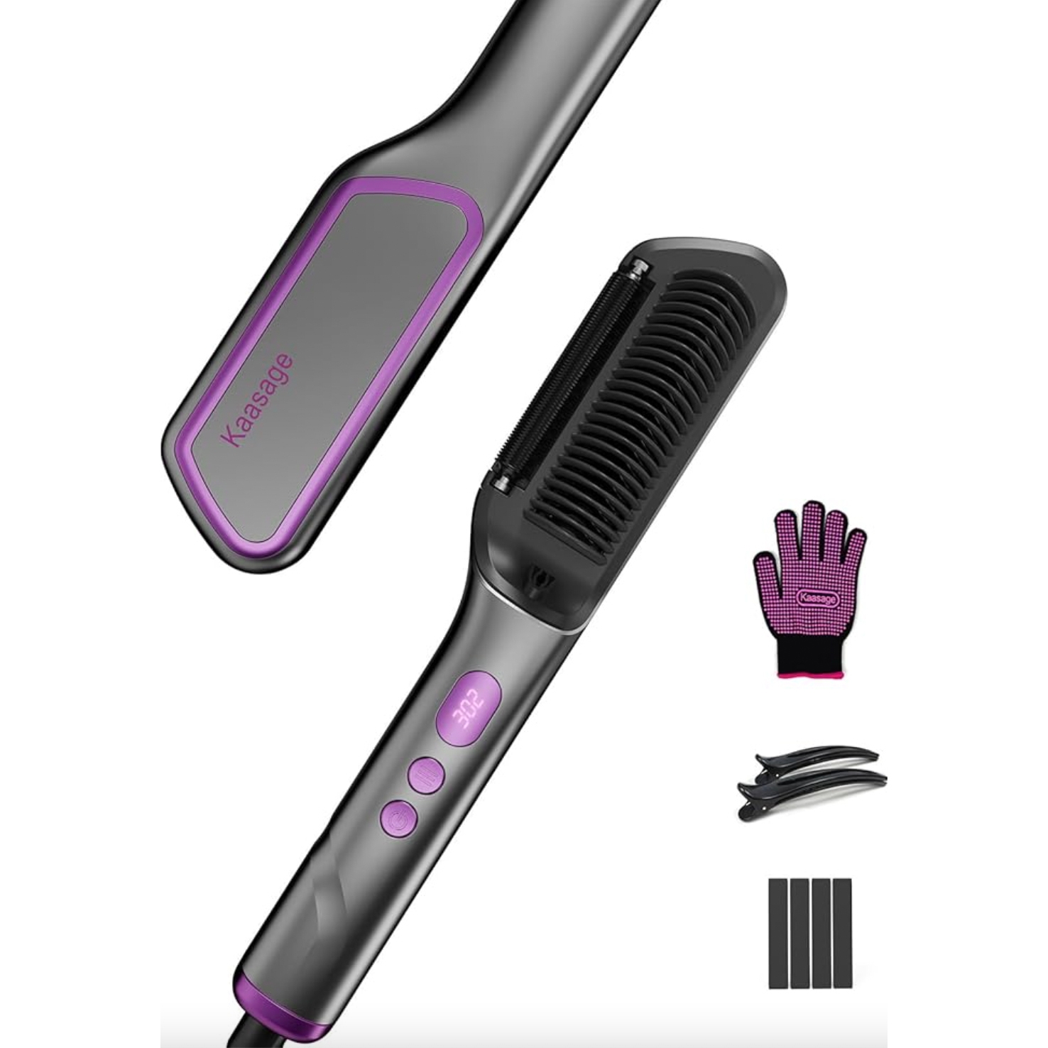 Hair straightener with built-in comb, accompanied by a heat-resistant glove, hair clips, and sectioning strips.