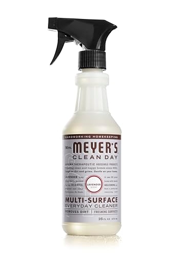 A spray bottle of Mrs. Meyer's Clean Day multi-surface everyday cleaner with a lavender scent, designed to remove dirt and freshen surfaces.