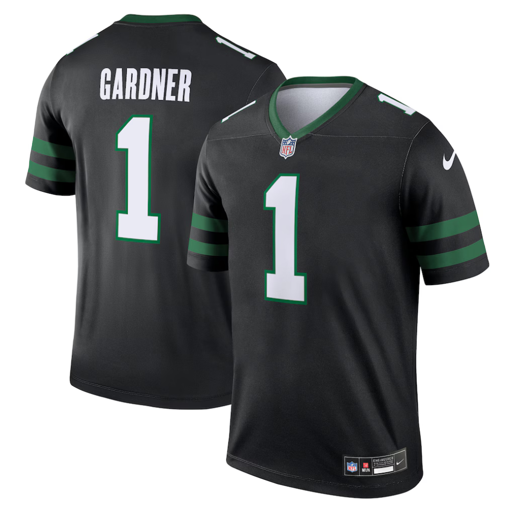 Black Nike NFL jersey with \“GARDNER\“ and number 1 on the back, featuring green stripes on the sleeves and the NFL logo on the front.