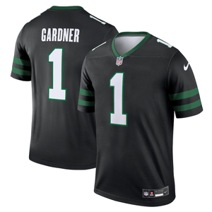 Black Nike NFL jersey with \“GARDNER\“ and number 1 on the back, featuring green stripes on the sleeves and the NFL logo on the front.