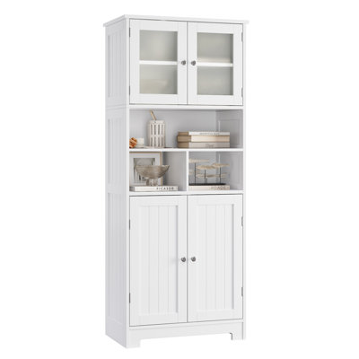 A white bathroom storage cabinet with two glass-paneled doors on top, an open shelf in the middle, and two solid doors at the bottom.