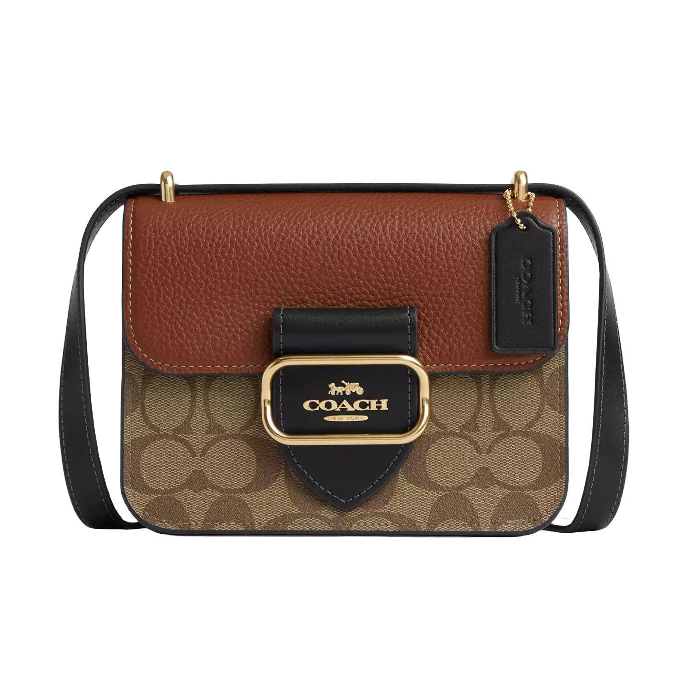 The Coach Outlet Morgan Crossbody showcases a brown and beige design with a signature \“C\“ pattern and pebbled leather flap. It features gold-tone hardware, a prominent logo, and an adjustable black strap.
