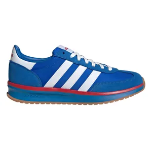 Blue Adidas sneaker with white stripes, red accents, and a gum outsole. Features Cloudfoam cushioning for comfort.