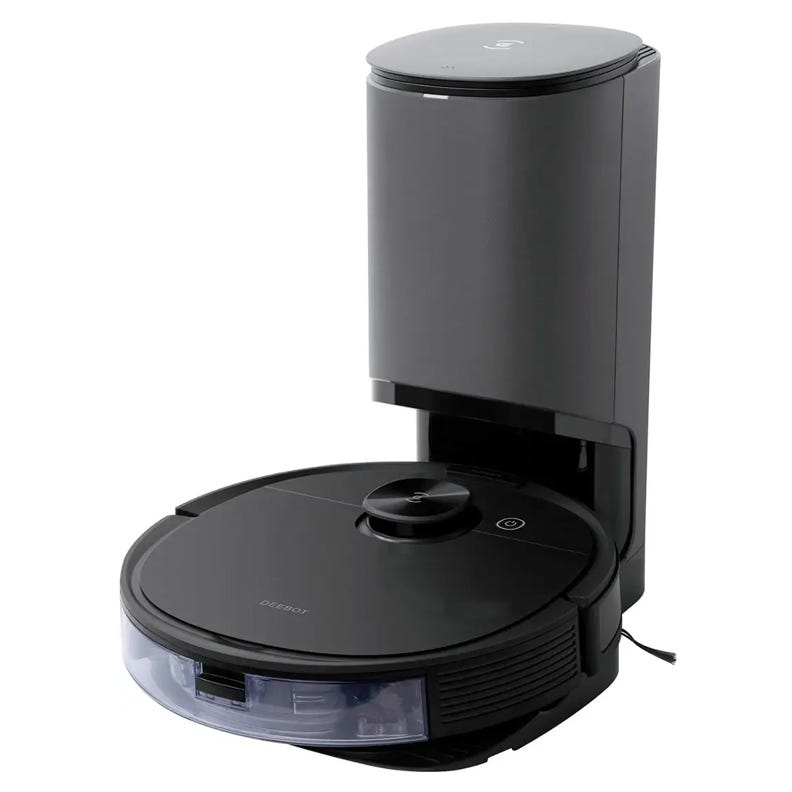 A robotic vacuum cleaner with a base station, likely for automatic dirt disposal and charging, featuring a sleek black design.