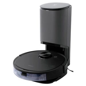 A robotic vacuum cleaner with a base station, likely for automatic dirt disposal and charging, featuring a sleek black design.
