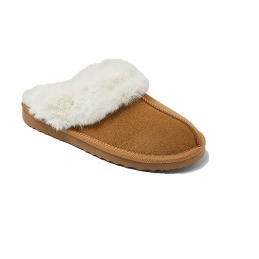A brown slipper with a fluffy white lining and a thick sole, designed for comfort and warmth.