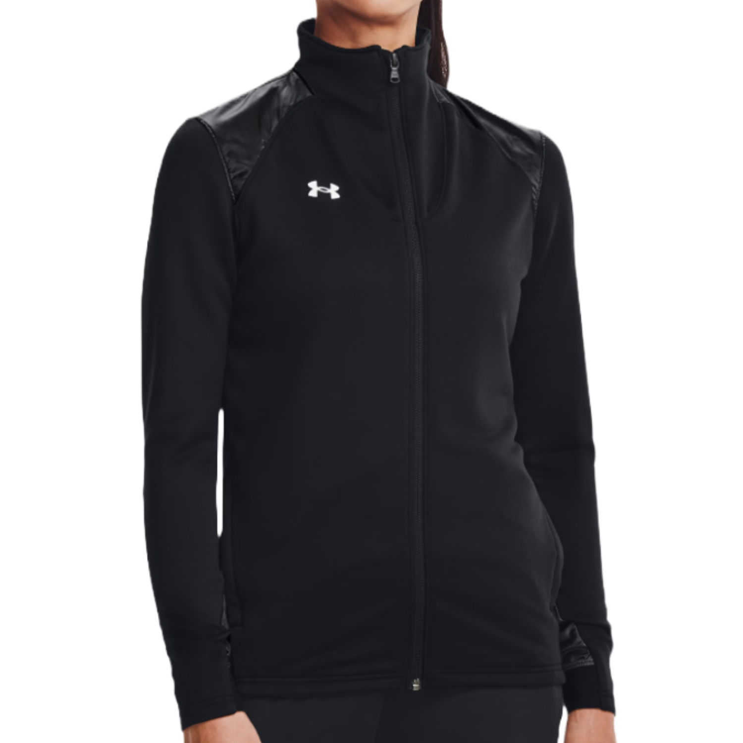 Black zip-up sports jacket with a high collar and leather-like shoulder patches, featuring the Under Armour logo on the chest.
