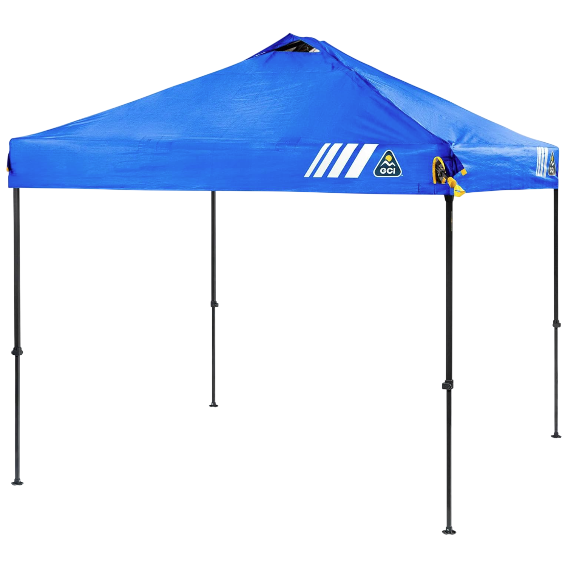 A blue portable canopy tent with a peaked roof and four adjustable black legs. It features the GCI logo and white stripes on the cover.