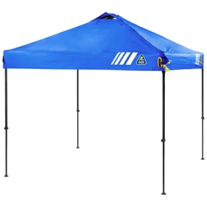A blue portable canopy tent with a peaked roof and four adjustable black legs. It features the GCI logo and white stripes on the cover.
