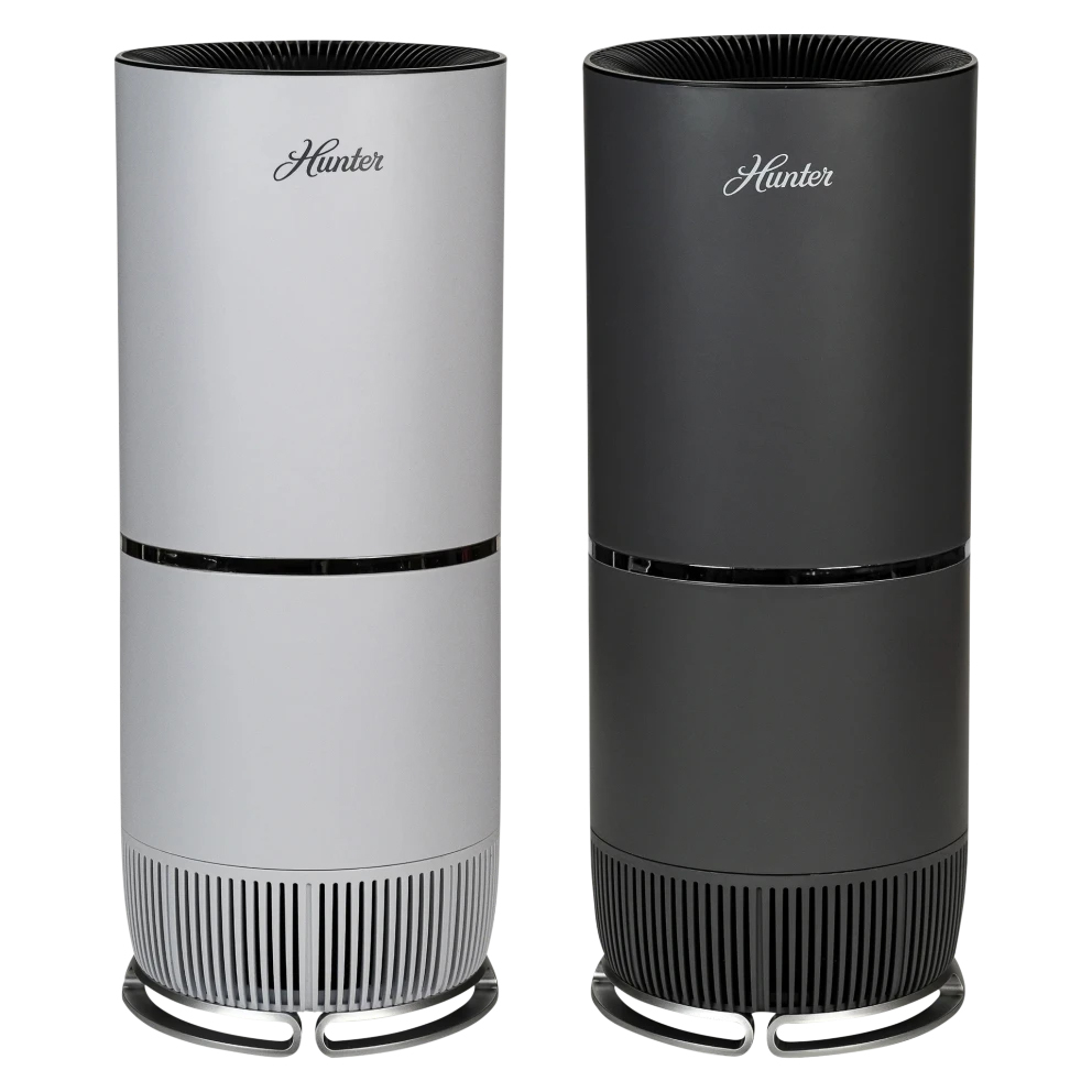 Two cylindrical HEPA air purifiers in white and black with a sleek design, featuring vertical vents at the base and the brand name \“Hunter\“ on top.
