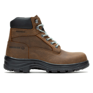 The Wolverine Carlsbad 6\“ Work Boots are brown leather, waterproof boots with a padded black collar, silver eyelets, and black rubber soles, designed for durability and comfort in work environments.