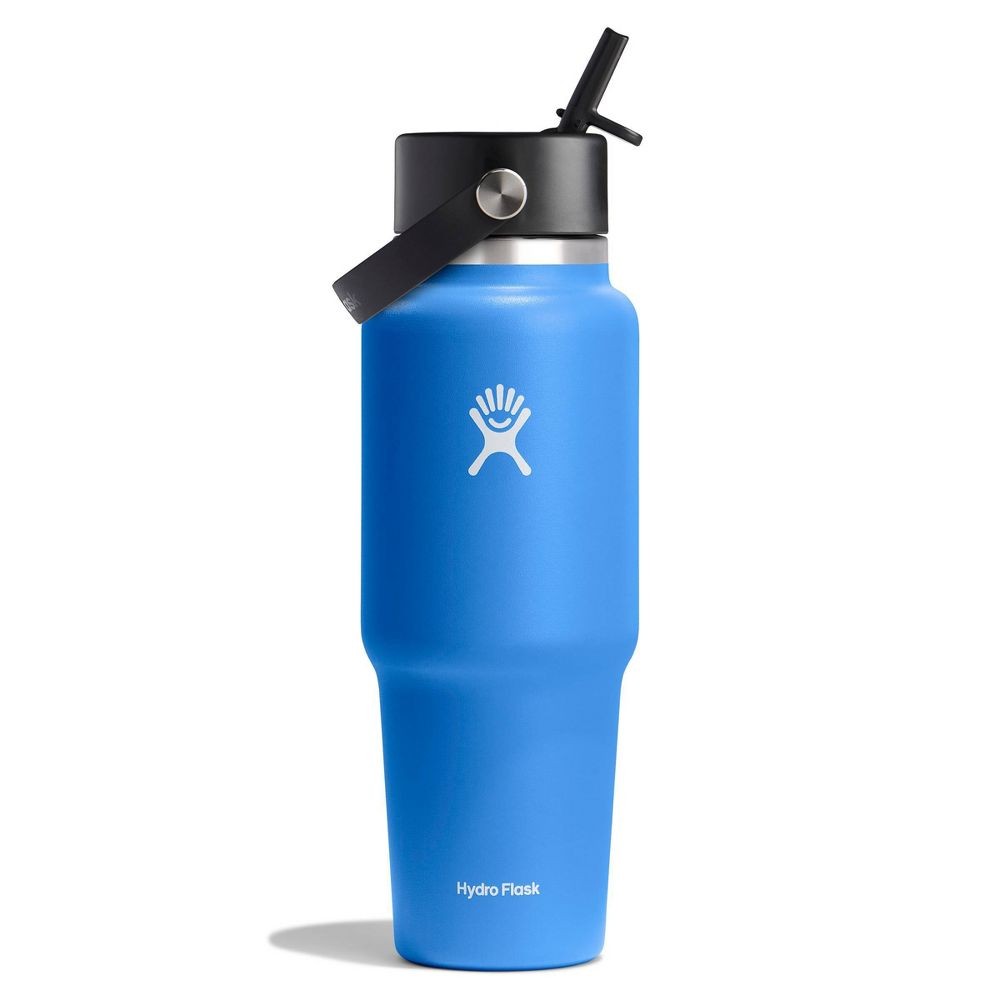 A blue Hydro Flask water bottle featuring a straw lid and the brand's logo.
