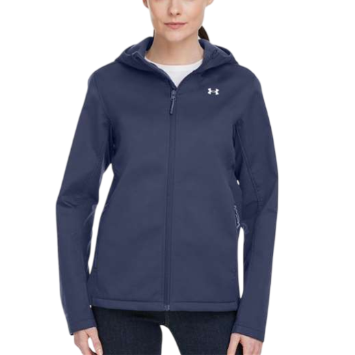 Woman wearing a navy hooded jacket with a white Under Armour logo on the chest, paired with dark jeans.