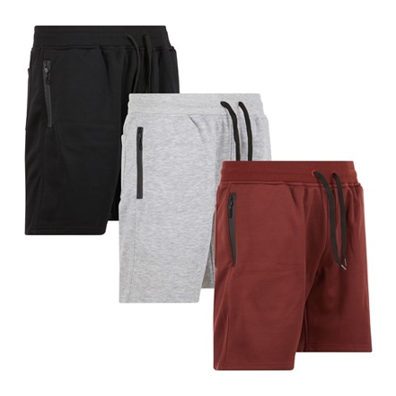 Three pairs of men's shorts in black, gray, and red, each with zippered pockets.