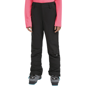 Black snow pants with a double-button closure, paired with gray ski boots featuring blue accents. The model is wearing a bright pink long-sleeve top.