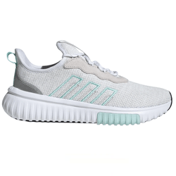 A white and light grey athletic sneaker with light teal accents, featuring a mesh upper, distinctive wavy paneling, and a textured sole.
