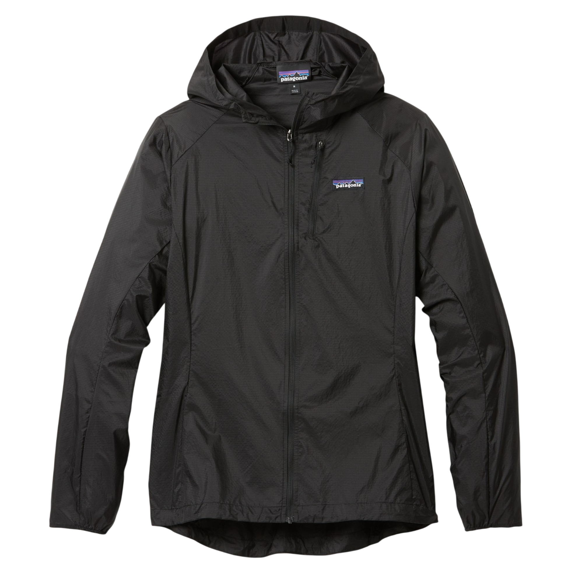 Black Patagonia hooded jacket with a lightweight, minimalist design and front zip closure.