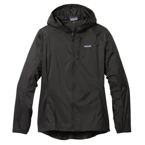 Black Patagonia hooded jacket with a lightweight, minimalist design and front zip closure.