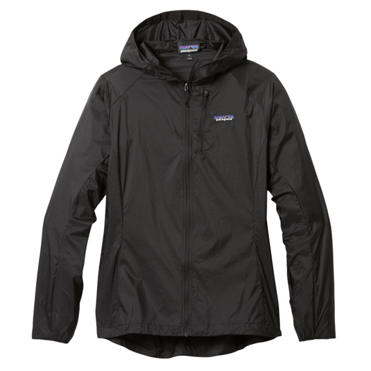 Black Patagonia hooded jacket with a lightweight, minimalist design and front zip closure.