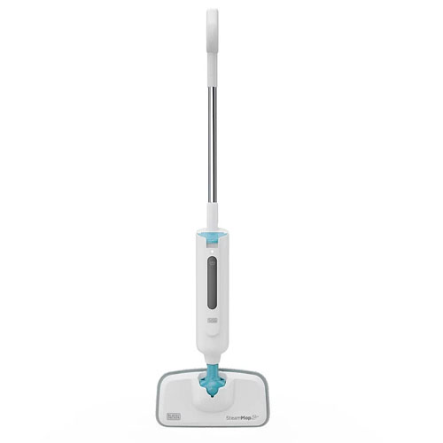 A steam mop with a white and blue design, featuring a water reservoir and a cleaning pad attachment.