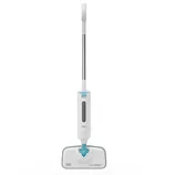 A steam mop with a white and blue design, featuring a water reservoir and a cleaning pad attachment.