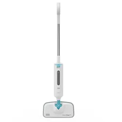 A steam mop with a white and blue design, featuring a water reservoir and a cleaning pad attachment.