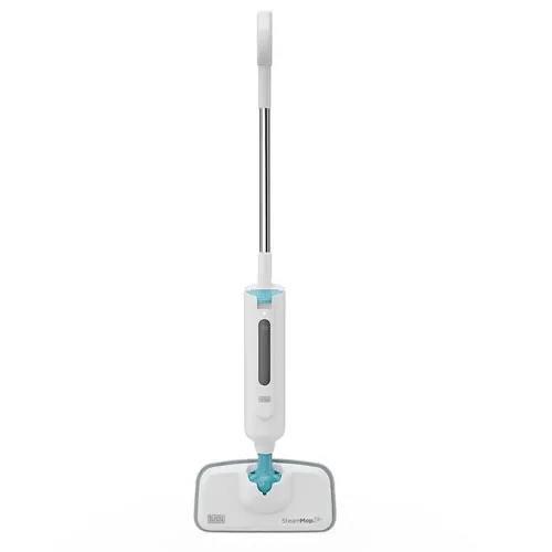 A steam mop with a white and blue design, featuring a water reservoir and a cleaning pad attachment.