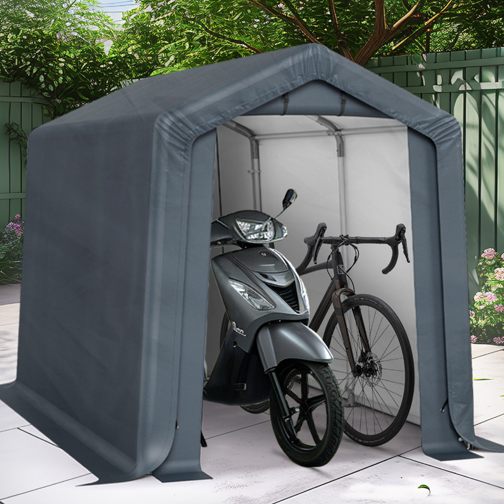 A small tent-like shelter is pictured, housing a scooter and a bicycle, providing outdoor protection.
