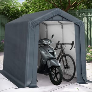 A small tent-like shelter is pictured, housing a scooter and a bicycle, providing outdoor protection.