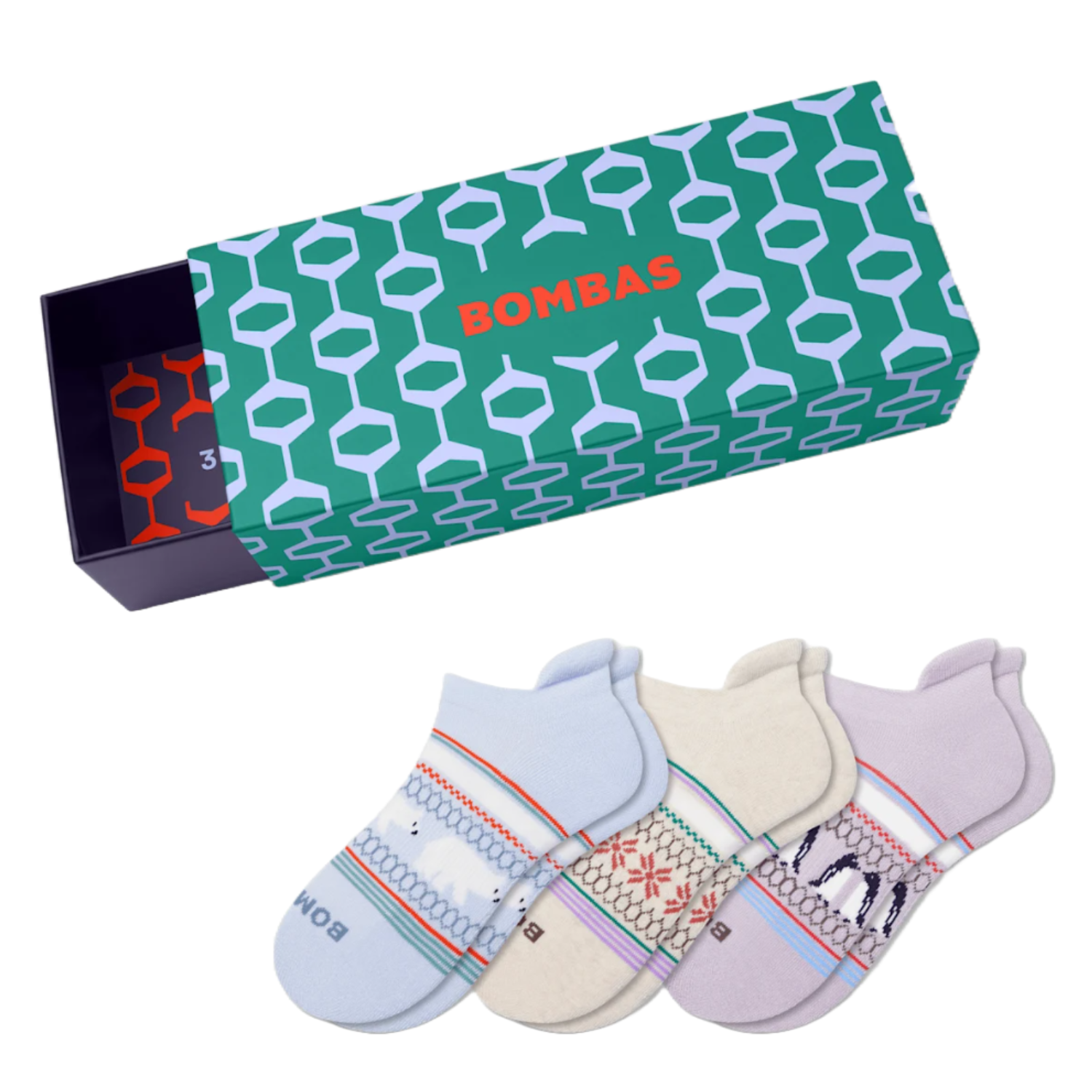 A box labeled \“Bombas\“ with a geometric pattern contains three pairs of low-cut socks in pastel colors with various patterns, including stripes and polka dots.