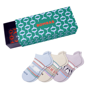 A box labeled \“Bombas\“ with a geometric pattern contains three pairs of low-cut socks in pastel colors with various patterns, including stripes and polka dots.
