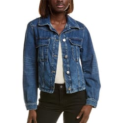 The Free People Jade Jacket is a classic denim jacket featuring a button-front closure, two chest flap pockets, side pockets, and long sleeves with button cuffs. The design is casual and versatile, suitable for various outfits.
