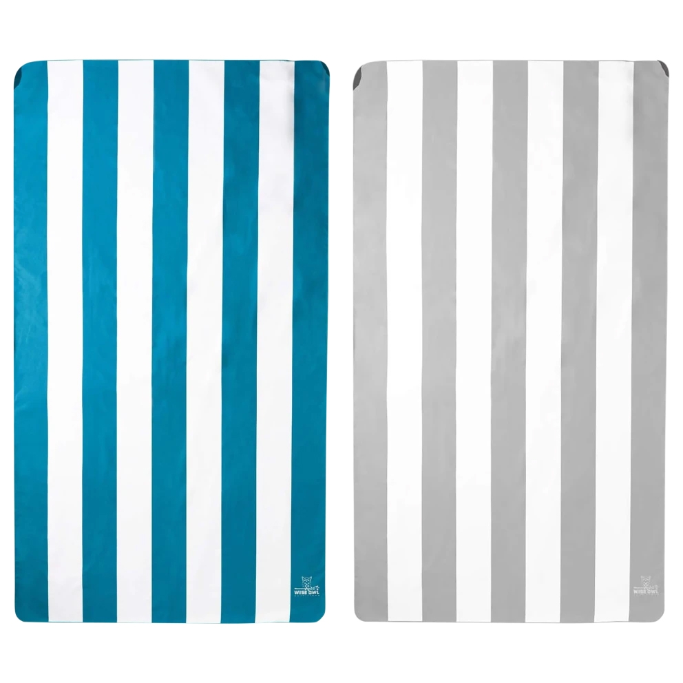 2-pack of quick-dry microfiber beach towels with a striped design, featuring one in teal and white and the other in gray and white.