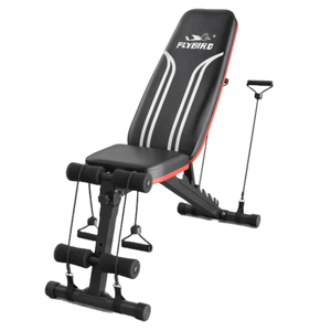 Adjustable workout bench with resistance bands and leg hold-down bar, designed for various exercises.