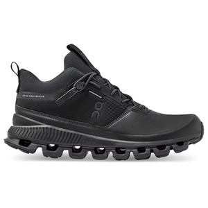 Black On Running Cloud Hi Waterproof Shoes with a high-top design, featuring a durable waterproof upper, Swiss engineering, and distinctive CloudTec sole for enhanced cushioning and support.