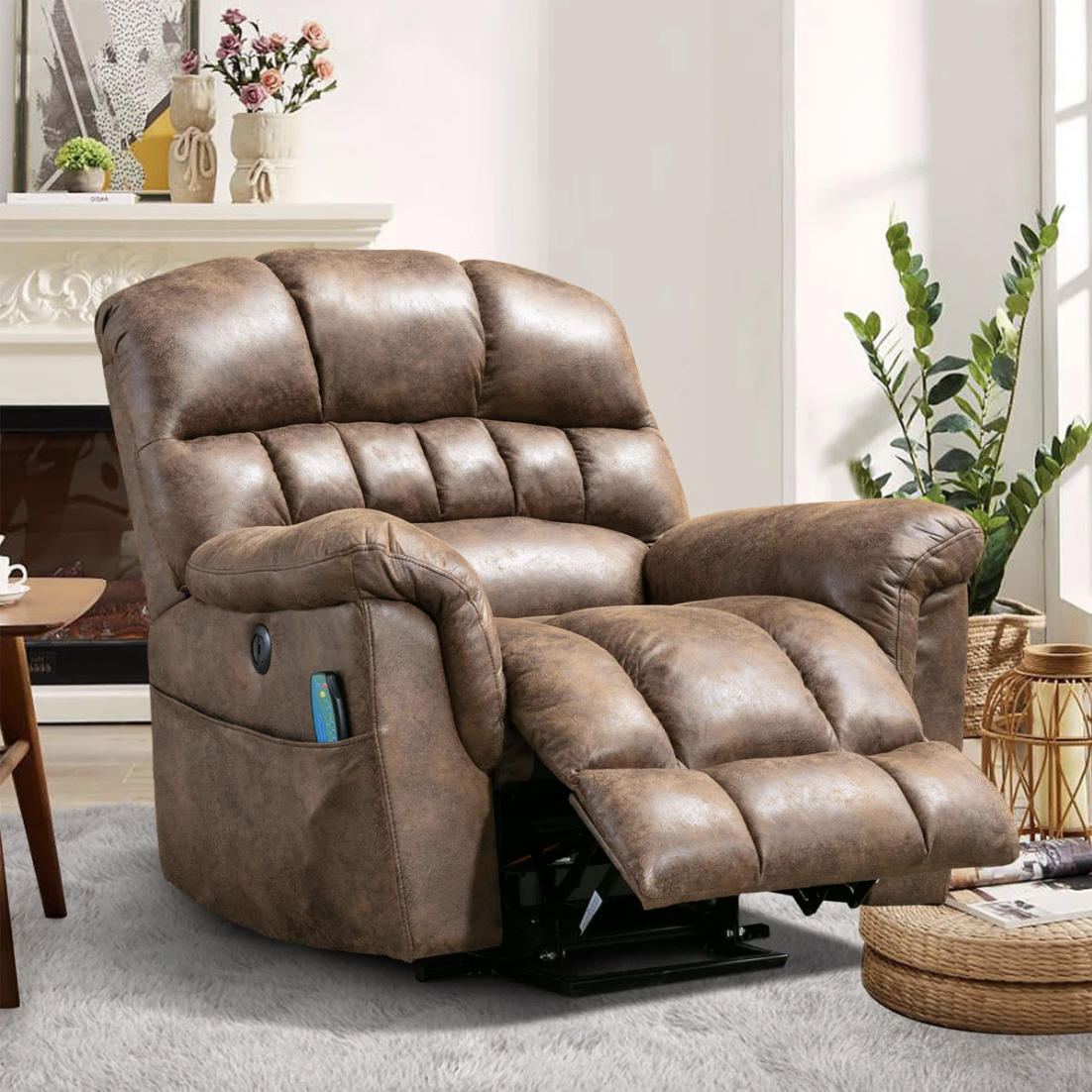 A brown leather recliner chair with built-in side pocket and remote control, placed on a gray rug in a cozy living room setting.