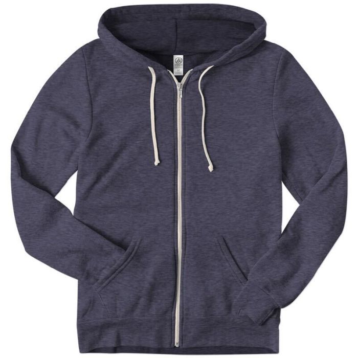 A dark blue zip-up hoodie with white drawstrings and front pockets.