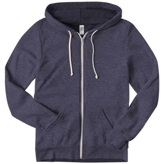 A dark blue zip-up hoodie with white drawstrings and front pockets.