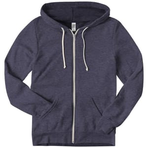 A dark blue zip-up hoodie with white drawstrings and front pockets.
