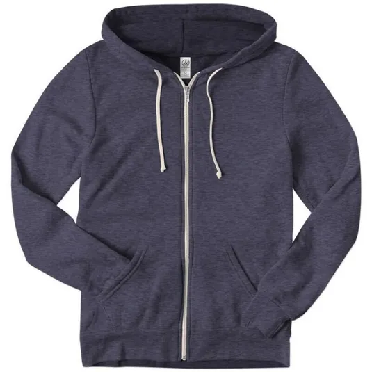 A dark blue zip-up hoodie with white drawstrings and front pockets.