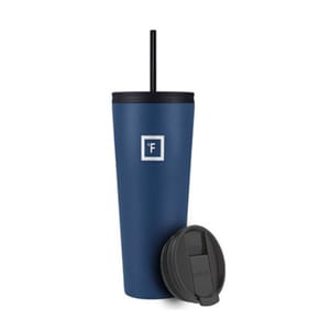 A blue 32oz tumbler with a straw features a sleek design, black lid, and an extra included lid. It has a minimalist logo with a small \“F\“ in a square.